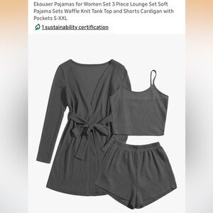 Ekouaer Women's Ribbed Gray 3-Piece Pajama Lounge Set Robe Cami Shorts
